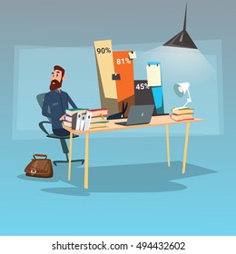 Business Man Sitting Desk Statistic Data Finance Graph Bar Office Workplace Flat Vector Illustration