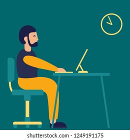 Business Man Sitting Desk Work Laptop Computer Flat Vector