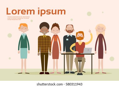 Business Man Sitting Desk Work Laptop Computer People Group Flat Vector Illustration