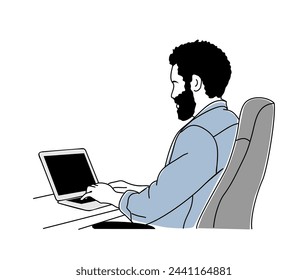 Hombre de negocios sentado en el escritorio trabajando en la vista lateral posterior del portátil. Dibujo de contorno simple, ilustración de boceto vectorial aislado sobre fondo blanco.