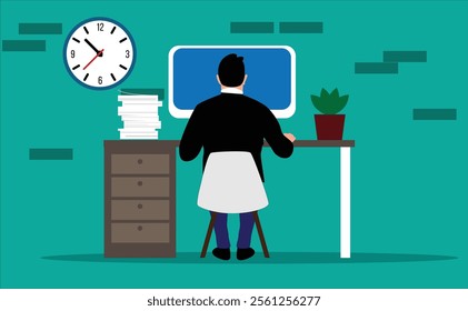 Business Man Sitting at the Desk and Working Behind Computer. Office work and white collar workers concept vector art. Business and owning a home based business