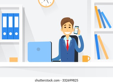 Business Man Sitting Desk Working Laptop Computer Vector Illustration