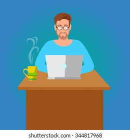 Business Man Sitting Desk Working Laptop Computer Vector Illustration