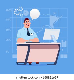 Business Man Sitting Desk Working Computer With Chat Bubble Flat Vector Illustration