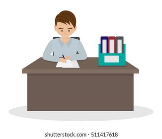 business man sitting at a desk and write something. cartoon style, isolated on white background