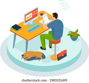 Business man sitting at desktop with computer reading paper document communicates remotely on Internet, typing keyboard. Freelancer works at home with dog, drinks coffee. Home office, distant work