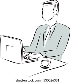 Business man sitting in front of a computer in an office Vector illustration
