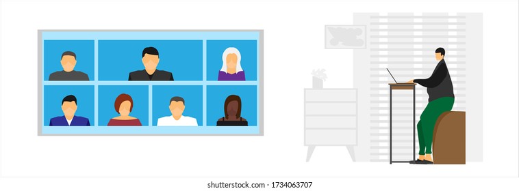 Business man sitting at home holding a video conference with colleagues. Modern technology. Vector illustration.