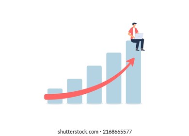 Business man sitting with laptop over rising investment chart. Vector illustration
