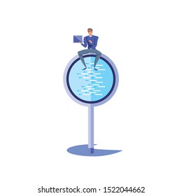 business man sitting in magnifying glass with laptop vector illustration design