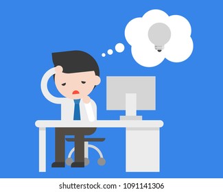 Business man sitting at office and feeling dull because lack of idea to work, flat design about motivation business situation concept