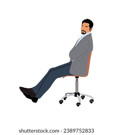 Business man sitting in office wheel chair side view. Handsome male cartoon character in smart casual outfit in relaxing pose. Vector colorful flat illustration isolated on white background.