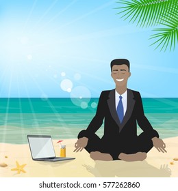 Business man sitting on the beach meditating in the lotus position in the suit. Business tourism. Vector
