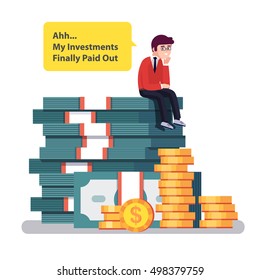 Business man sitting on a big pile of stacked money and coins thinking about how good his investments turn out. Modern colorful flat style vector illustration isolated on white background.