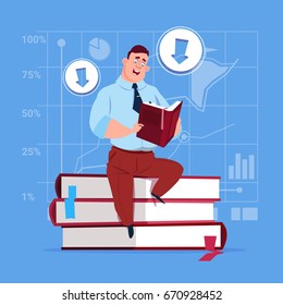 Business Man Sitting On Books Stack Reading Education Concept Flat Vector Illustration