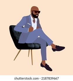 Business man sitting on chair. Handsome male cartoon character in blue formal business suit. Vector realistic illustration isolated.