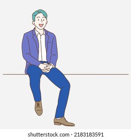 Business man is sitting on chairs. Hand drawn in thin line style, vector illustrations.