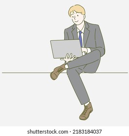 Business man is sitting on chairs and used laptop computer. Hand drawn in thin line style, vector illustrations.