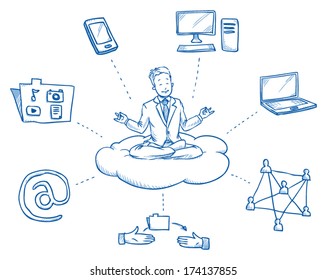 Homem de negócios sentado na nuvem sorrindo, meditando e relaxando no assento de meditação cercado por ícones de computação em nuvem, Â? ? ilustração vetorial desenhada à mão