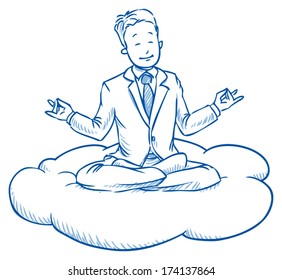 Business man sitting on cloud smiling, meditating and relaxing in meditation seat ,Â?Â? cloud computing ,Â?Â? hand drawn vector illustration