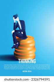 business man sitting on coins, thinking for tactical business plan.
investment analysis concept. vector illustration