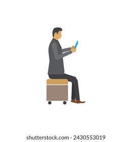 A business man sitting on the desk hold tablets checking email white background, online successful winner growth business concept, editable shape, object copy space for text.