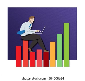 Business man sitting on the graph background. cartoon paper art cut style. vector illustration graphic design.