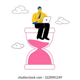 Hombre de negocios sentado en un reloj de arena y trabajando en la postergación de la laptop. Concepto del plazo de administración del tiempo. Ilustración vectorial plana aislada en fondo blanco
