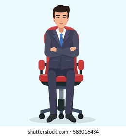 Business man sitting on office chair. Flat style vector illustration.