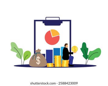 Business Man Sitting on a Pile of Coins. Finance, trading, economy, financial trading and investment concept vector art