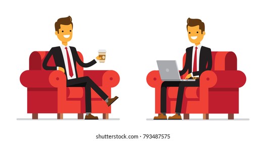Business man is sitting on a red armchair with laptop and cofee. Vector illustration.