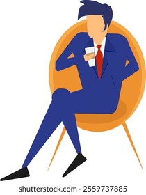 Business man is sitting on a sofa and a coffee cup