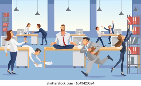 Business man sitting on table and ceep calp in meditation relax. Office workers stressing and hurry up with deadline. Fun cartoon characters. Vector illuctration of job situation in office interior.