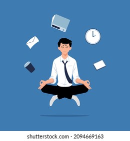 Business man sitting in padmasana lotus pose with flying around documents, phone, flying around him. Office worker multitasking and meditating, relaxing doing yoga. Flat style vector illustration