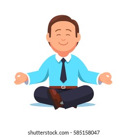 Geschäftsmann sitzt in der Padmasana Lotus Pose. Büroangestellte meditieren, entspannen oder Yoga nach Stress und harter Arbeit Tag. Flache moderne Vektorgrafik einzeln auf weißem Hintergrund. 