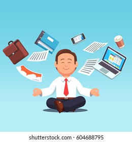 Business man sitting in padmasana lotus pose with flying around documents, phone, laptop flying around him. Office worker multitasking & meditating, relaxing doing yoga. Flat style vector illustration