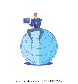 business man sitting in sphere browser with laptop