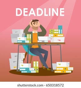 Business man sitting at the table with stacks of papers and clutching head because of a missed deadline. Business man has a problem with a deadline. Vector flat design illustration. Square layout.