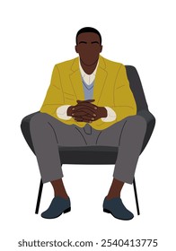Business man sitting, taking part in meeting, business event.  African american male character in modern business outfit. Colorful vector illustration isolated on white background.