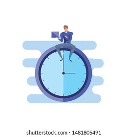 business man sitting in time clock with laptop