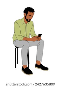 Business man sitting, using smart phone vector. 