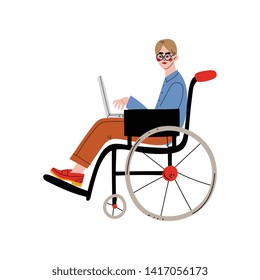 Business Man Sitting in Wheelchair Working with Laptop, Office Employee, Entrepreneur or Manager Character Vector Illustration