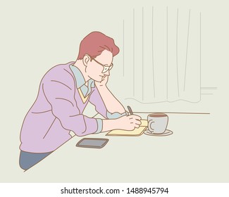 business man sitting and work on table hand drawn style vector doodle design illustrations.