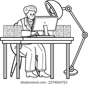 business man sitting and working at computer illustration in doodle style isolated on background