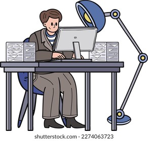 business man sitting and working at computer illustration in doodle style isolated on background