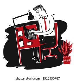 Business man sitting and working with a notebook, Vector Illustration hand drawing 