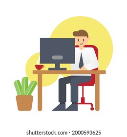 Hombre de negocios sentado trabajando en un ordenador en la oficina Ilustración de estilo plano Vector