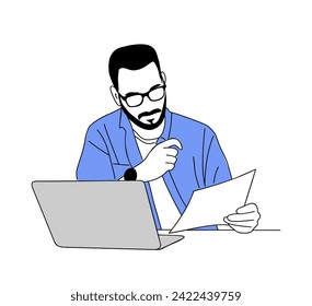 Business man sitting, working on laptop vector.