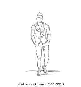 Business Man Sketch Silhouette Wear Fashion Clothes Businessman Full Length On White Background Vector Illustration