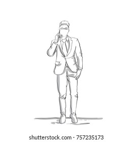 Business Man Sketch Talking On Phone Conversation Silhouette Businessman In Suit Full Length Male On White Background Vector Illustration